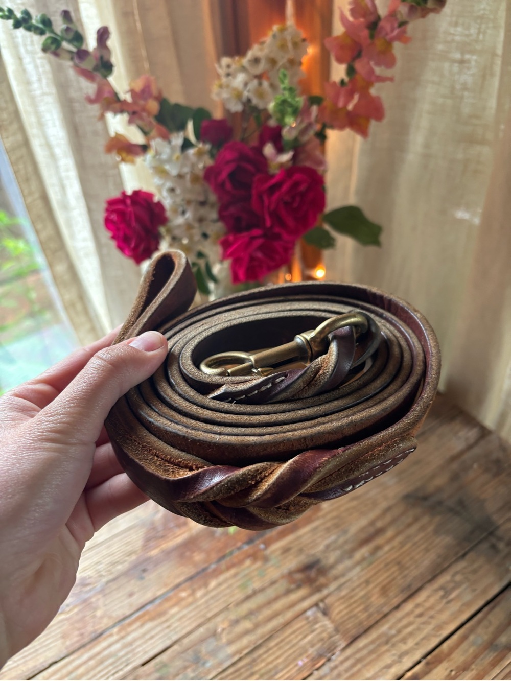 Brown Leather Braided Dog Leash with Metal Hardware